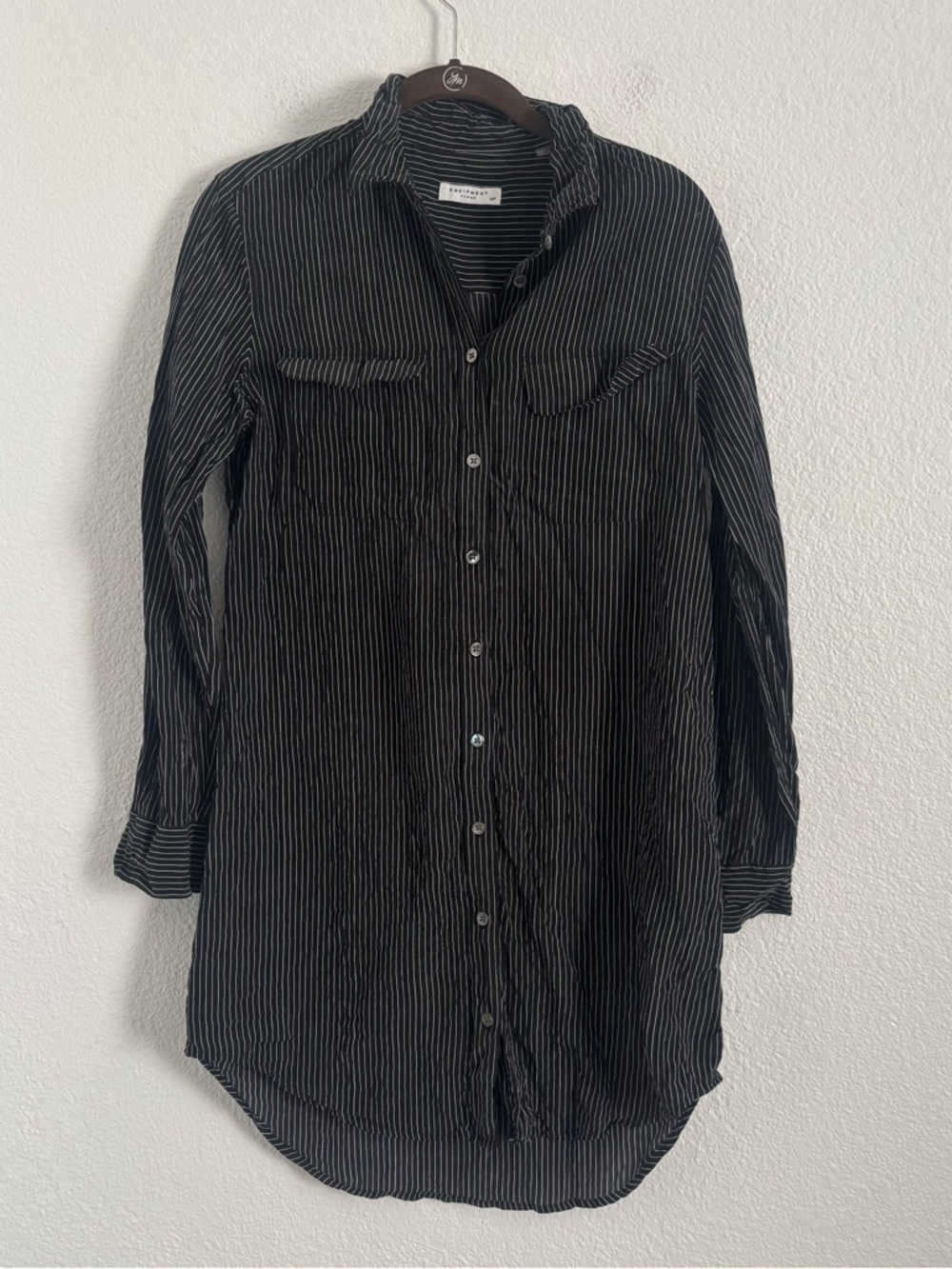 Equipment Size Small Black/White Striped Long Sleeve Silk Button Shirt Dress
